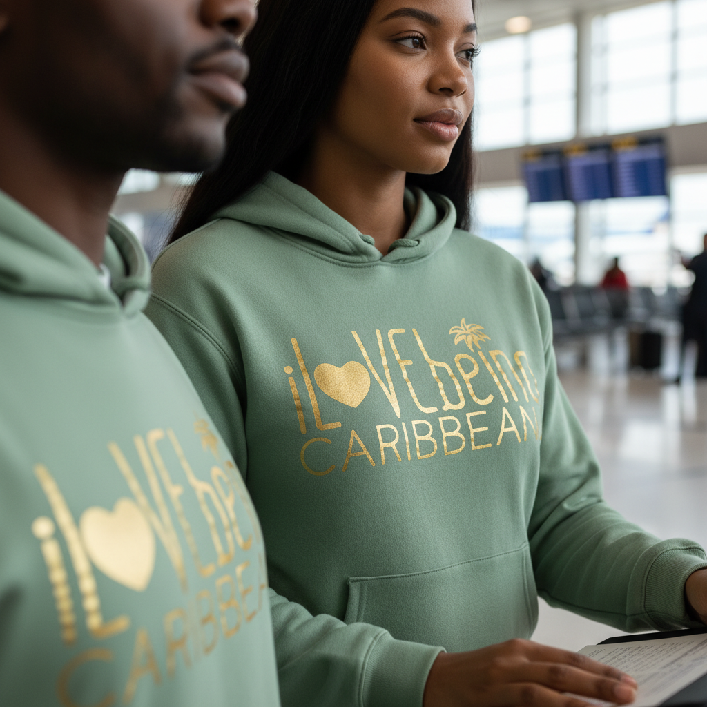 Close-up of iLBC logo on sage hoodie with Black models at airport