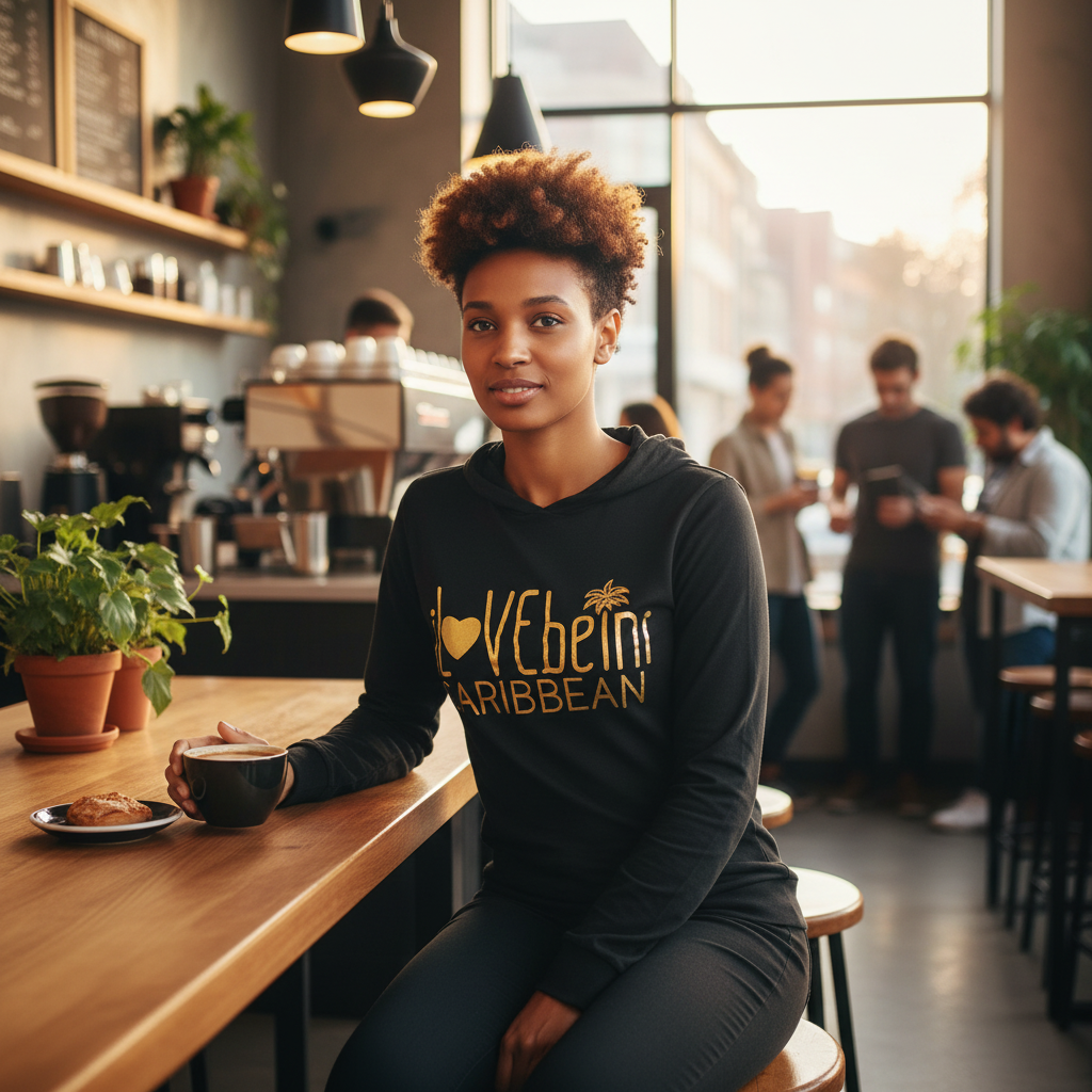 iLBC Signature long sleeve hoodie tee in coffee shop setting