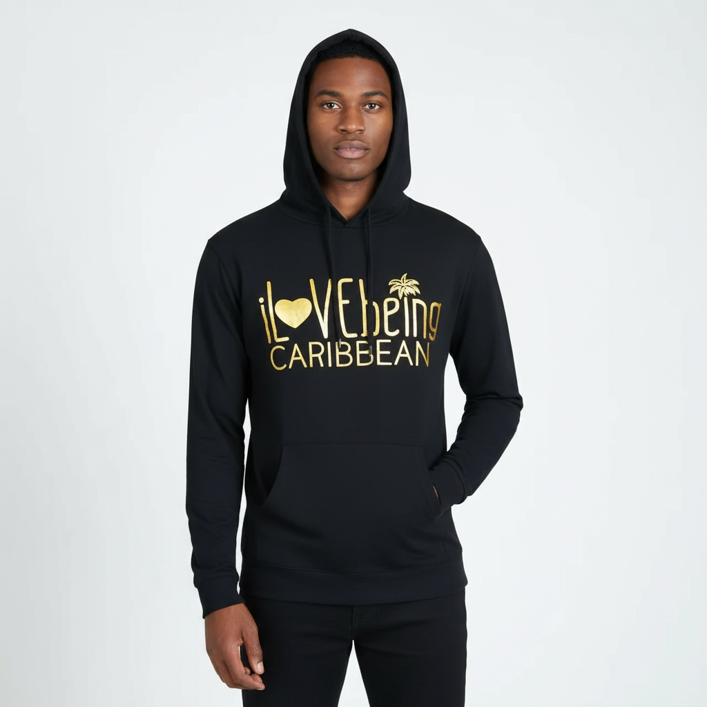 iLBC Signature long sleeve hoodie tee on male model with white background