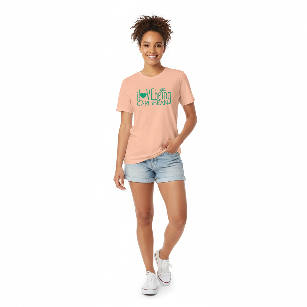 Model wearing iLOVEbeing CARIBBEAN t-shirt on white background